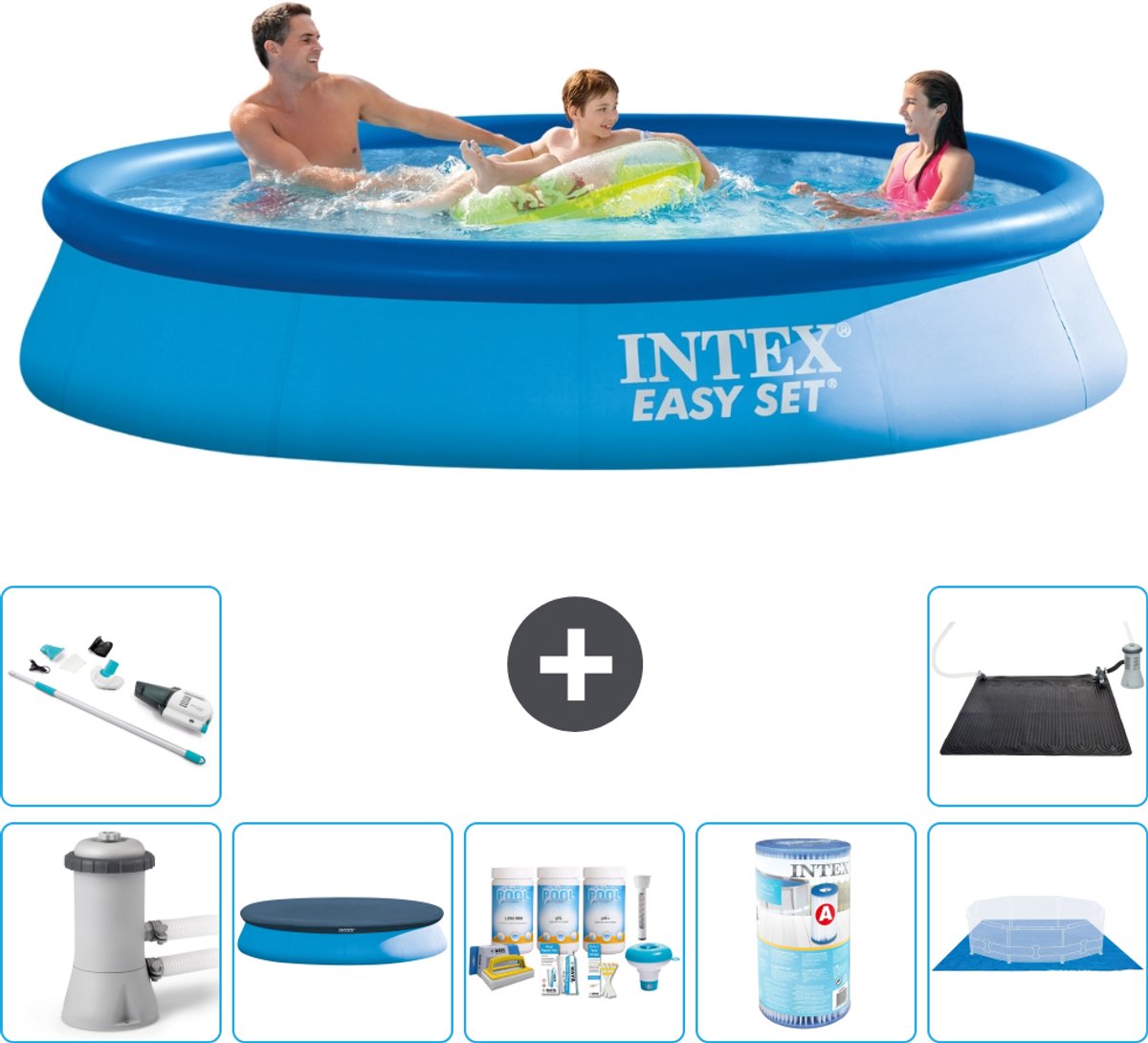 Intex Rond Opblaasbaar Easy Set Zwembad - 366 x 76 cm - Blauw - Inclusief Pomp - Afdekzeil - Onderhoudspakket - Filter - Grondzeil - Stofzuiger - Solar Mat - 8-delig