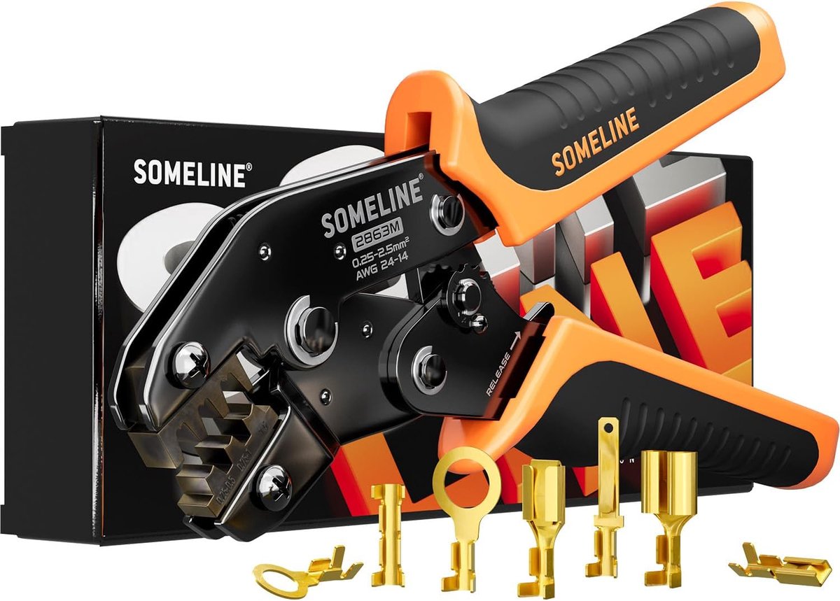 SnelShoppen - Krimptang voor Niet-Geïsoleerde Open Terminal, AWG 24-14, Ratelmechanisme, Professionele Krimpkaken, Snelontgrendelingsmechanisme, Voor