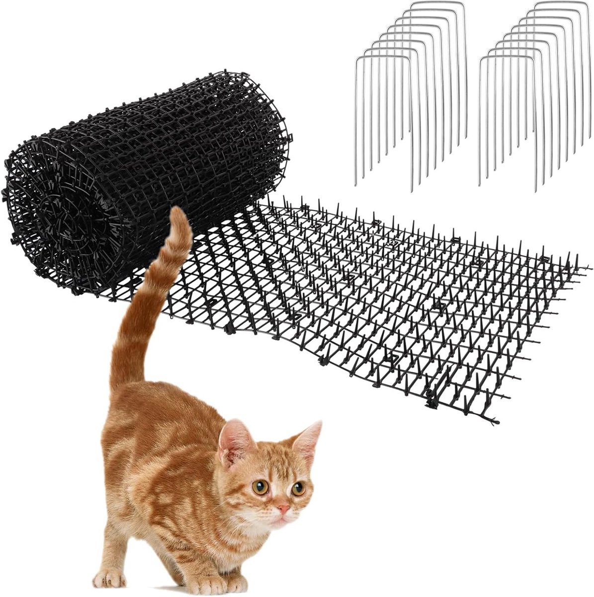 Anti Kat Spikes Mat 30 x 400 cm - Dierenafschrikmiddel voor Tuin, Balkon en Planten met 16 U-vormige Grondpennen en Witte Kabelbinders