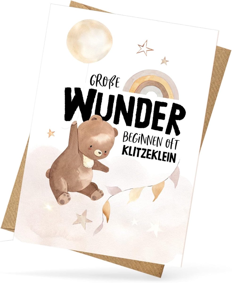 SnelShoppen - Vouwkaart voor Geboorte, Zwangerschap en Doop, Watercolor Design met Verpakt Kraft Envelop, DIN A6, Wit Binnen, Trendy, Lovingly Designe