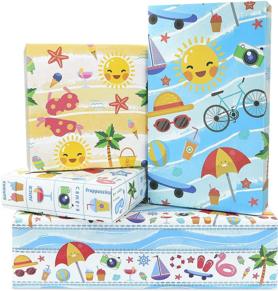 SnelShoppen - Cadeaupapier Strandthema Zomerverjaardag - Kraftpapier 4 Vellen Hawaiiaanse Zonneschelp Kokosnoot IJs - Milieuvriendelijk Inpakpapier vo