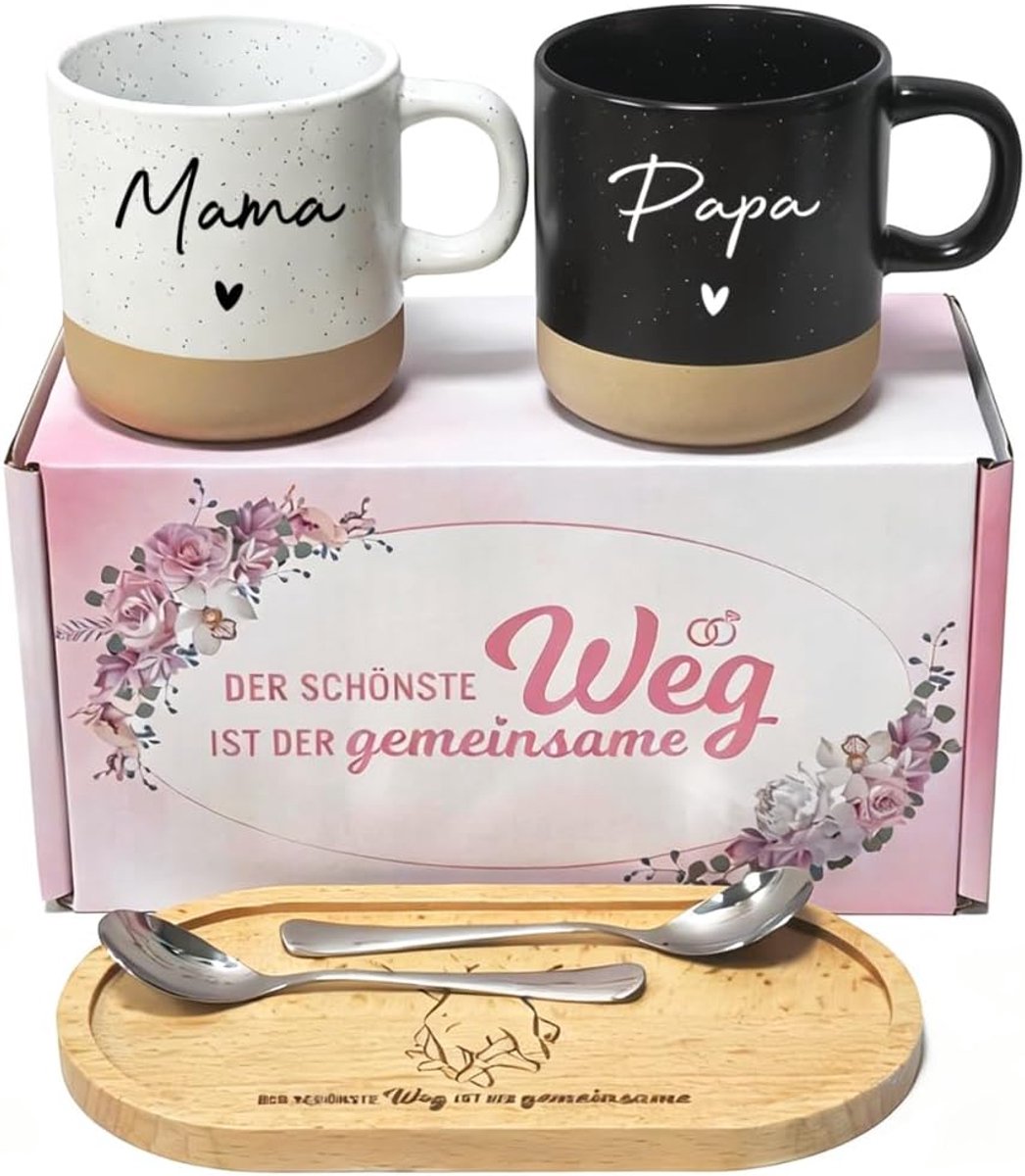 SnelShoppen - Mooie Mama Papa Gift Cups Set met Houten Tray en Kinderspellen - Perfecte Cadeaus voor Ouders, Verjaardag, Kerst, Jubileum