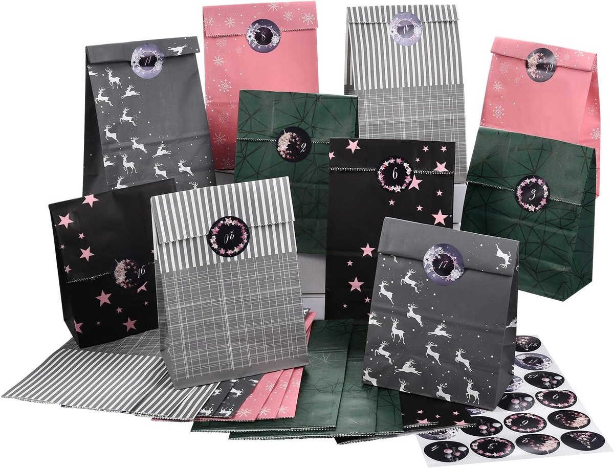 SnelShoppen - DIY Adventskalender 2025 - 24 vulbare kerstzakken van kraftpapier met stickers voor kinderen, meisjes en vrouwen - Perfect voor de feest