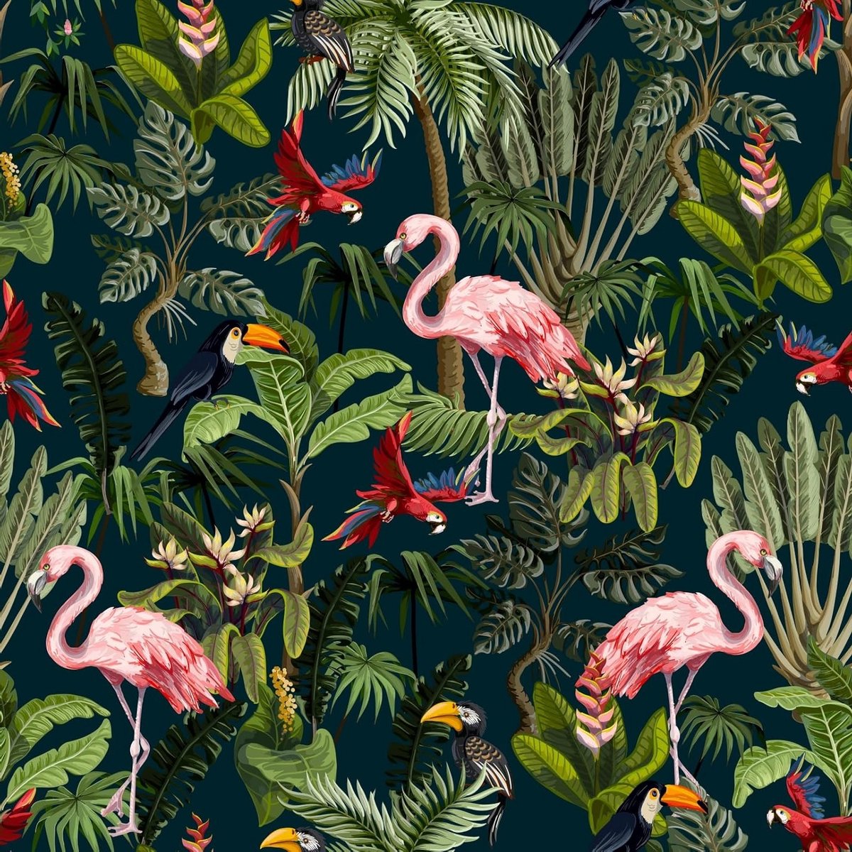 Donkere Jungle Dieren Behang voor Kinderkamer - Zwart Tropisch Behang met Exotische Vogels, Verwijderbaar en Plakbaar voor Wanddecoratie 17.5"x118