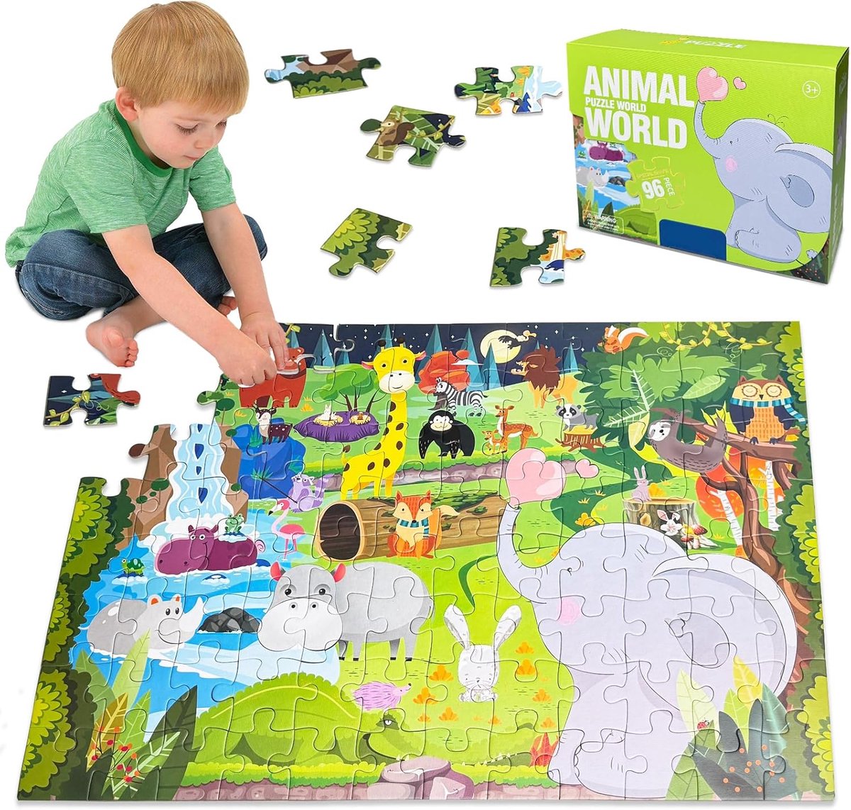 SnelShoppen - Kinderpuzzel Dierenwereld 96 Stuks, Vloerpuzzel voor Jongens en Meisjes 3-7 Jaar, Leuke Kleurrijke Puzzel van Karton, Educatief Speelgoe