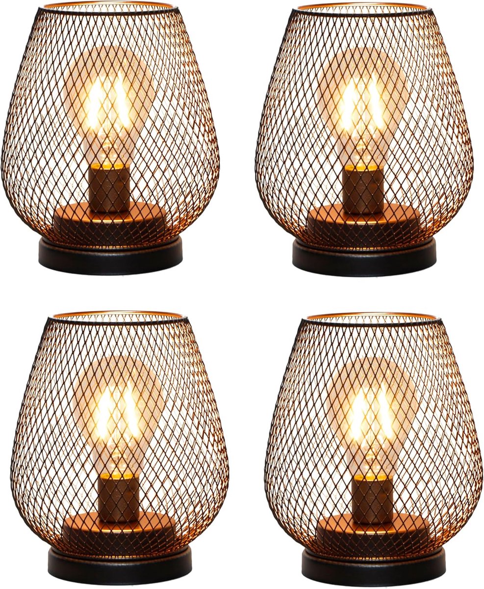 SnelShoppen - Set van 4 Vintage Decoratieve Draadloze Tafel Lampen - Metalen Kooi Lantaarns met LED Licht voor Feesten, Bruiloften, Tuin, Binnengebrui