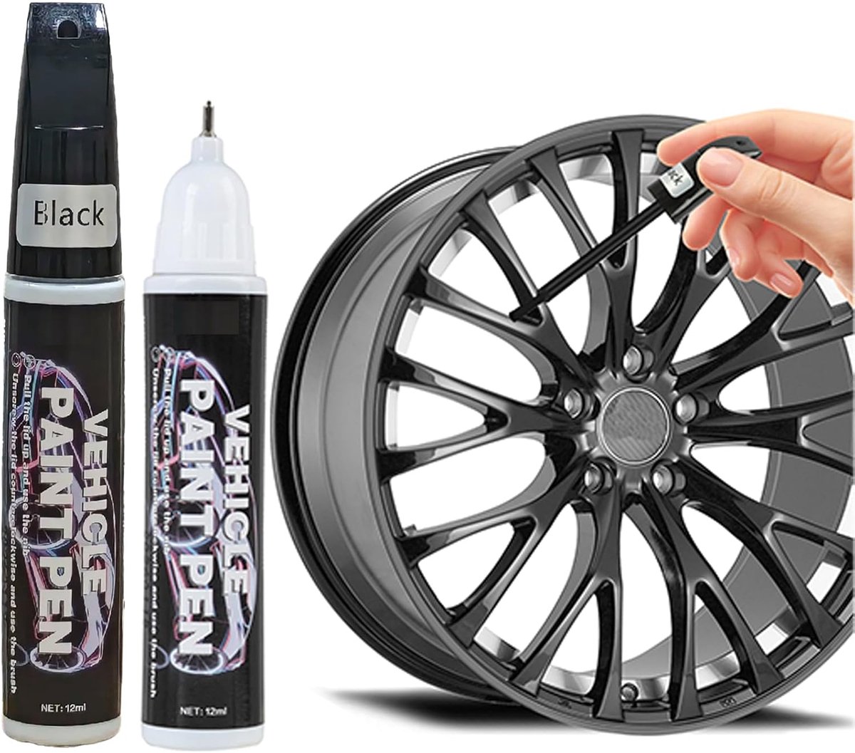 SnelShoppen - 2x Zwarte Metallic Paint Pen voor Auto, Krassen Reparatie voor Velgen, Bumpers en Deuren, Sneldrogende Lakherstelpen voor Fiets en Motor