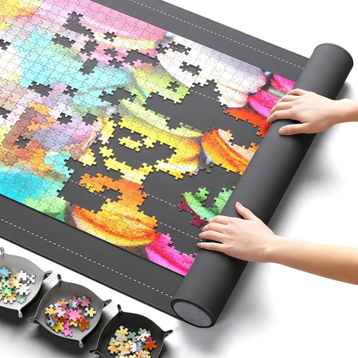 SnelShoppen - Puzzelmatten voor Puzzels tot 1500 Stukjes, Draagbare Antislip Puzzelmat met 4 Sorteervakken en Opbergtas, Ideaal voor Thuis en Reizen