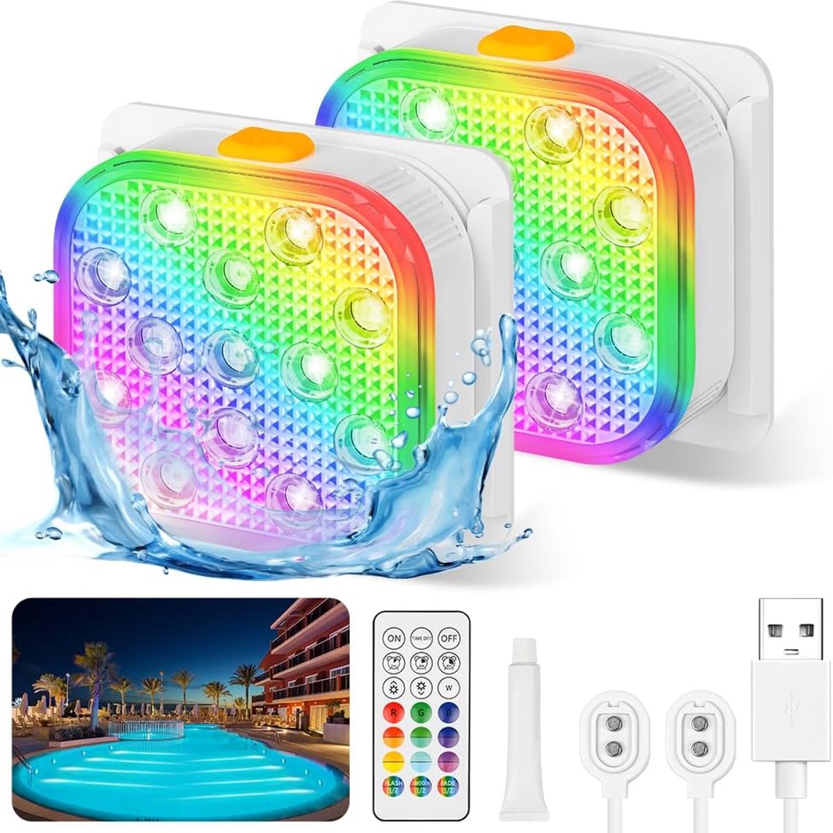 SnelShoppen - 2x Oplaadbare Onderwater LED Lampen voor Zwembad, Spa, Bad & Aquaria met Afstandsbediening - 16 Kleuren, 6 RGB Modi, IP68 Waterdicht