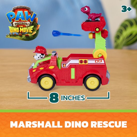Marshall's dino rescue brandweerwagen, rood met groene en gele accenten, lanceert een projectiel. Afmeting 8 inch.