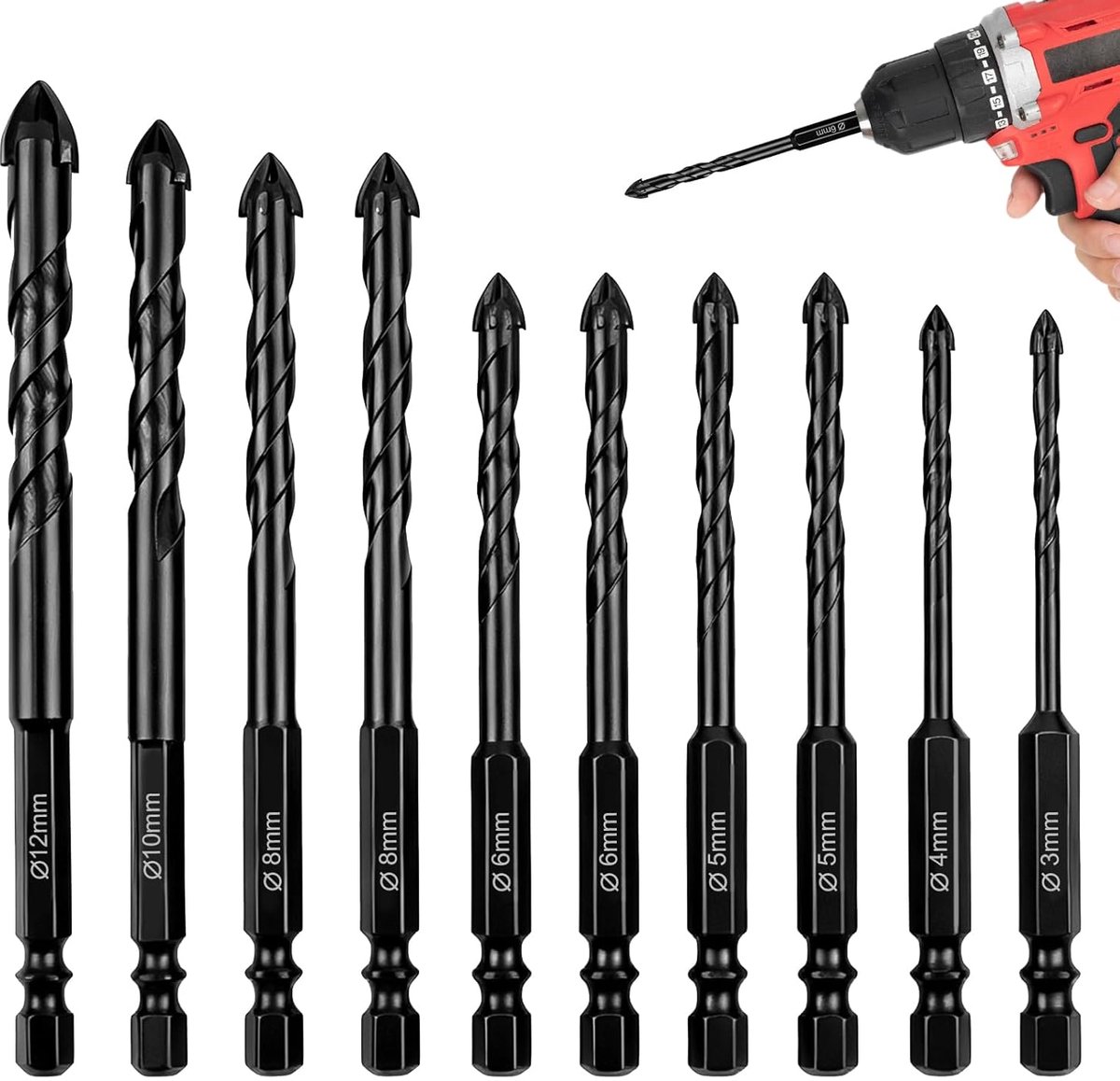 SnelShoppen - 10-delige Tegelboor Set met 7 Diameters (3/4/5/6/8/10/12 mm) voor Keramiek, Glas, Metaal en Hout - 1/4 Inch Hexagon Boor Set