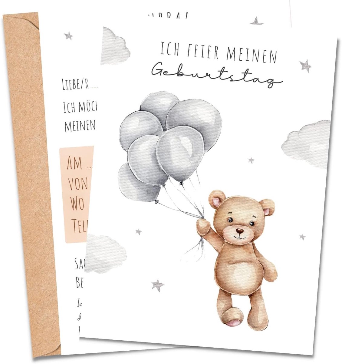 SnelShoppen - 10 Schattige Uitnodigingen voor Kinderverjaardag, Bear Ontwerp, Inclusief 10 Enveloppen, Premium Kwaliteit, Feestdecoratie voor Jongens