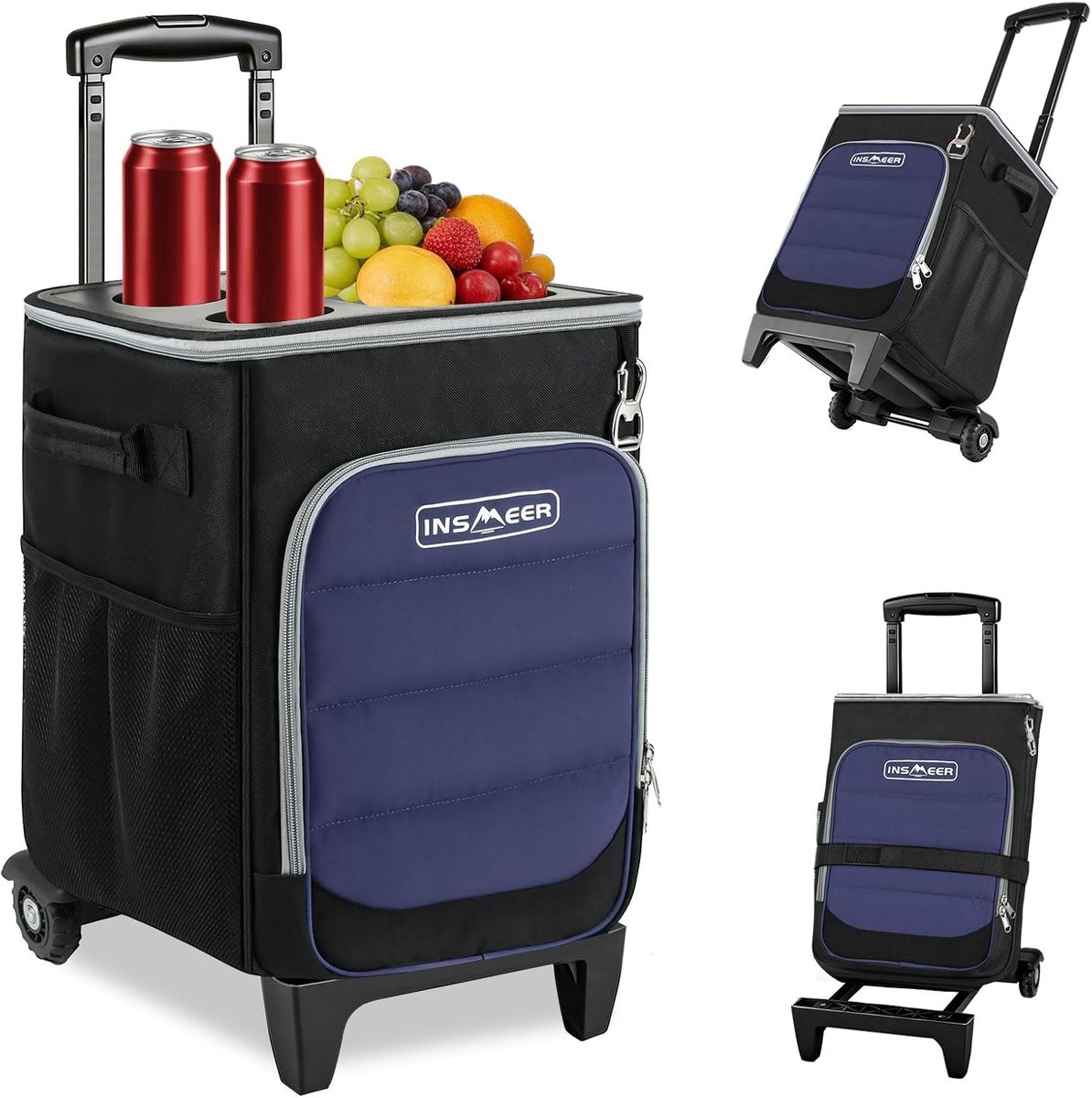 SnelShoppen - INSMEER 2-in-1 Koeltas met Wielen, 40L/60 Blikjes, Opvouwbare Zachte Koeler met Harde Bovenkant en Bekerhouders voor Picknick, Camping,