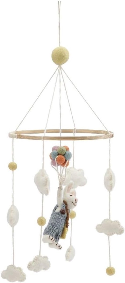 SnelShoppen - Mobiel voor Babybed met Konijn en Vilt Ballon | Handgemaakt & Fairtrade | Schattig Deens Design voor Babykamer, Box, Verschoontafel