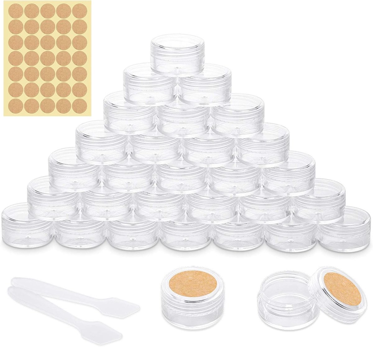 SnelShoppen - 30 Stuks Mini Cream Jars - Lege Potjes met Labelstickers en Mini Spatel voor Nail Art, Lip Balm en Crème - 5g 5ml Transparant - Perfect