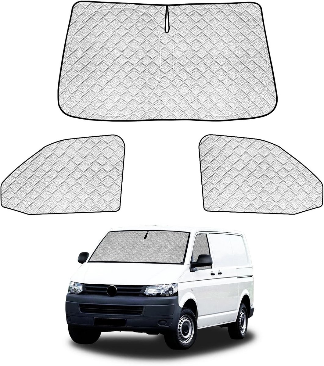 SnelShoppen - 3-Delige Autozonwering Set voor VW T5 T6 T6.1 Transporter Multivan California - Vouwbare Voorruit & Magnetische Zijkant, Zwart, Hitte- e