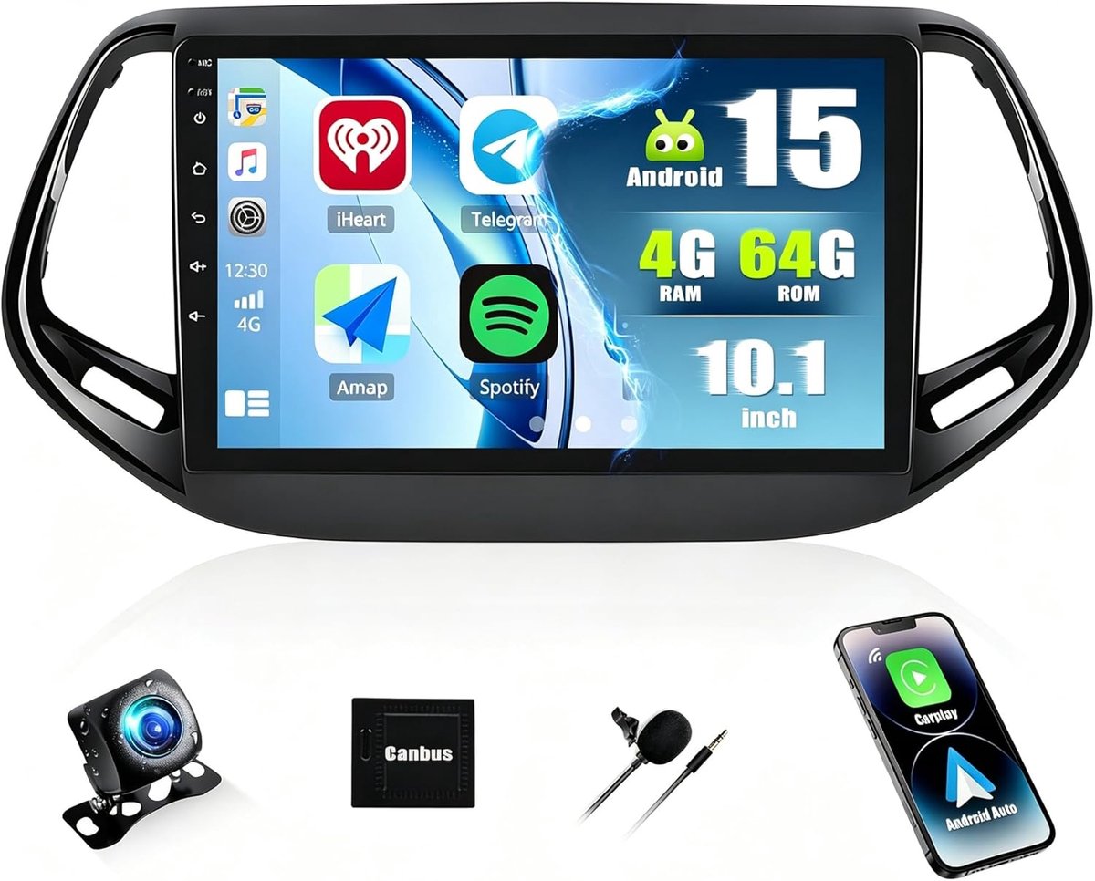 SnelShoppen - Car Radio 10.1 Inch HD Touchscreen voor Jeep Compass 2017-2019, Android 13, 4+64G, CarPlay, Android Auto, Mirror Link, Bluetooth 5.0, Wi
