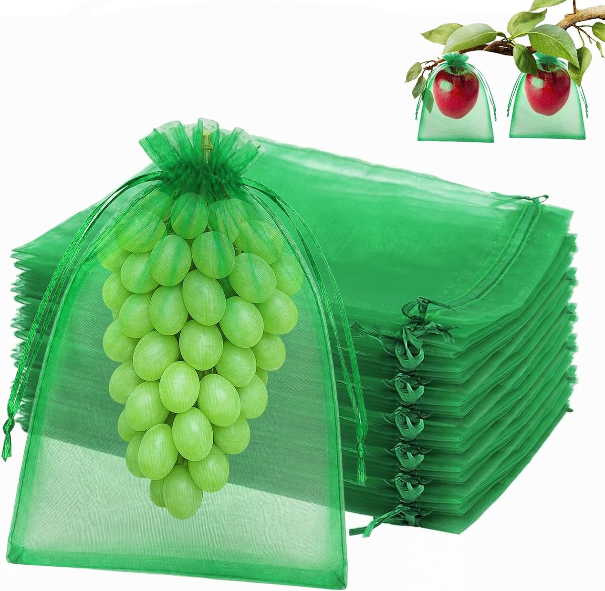 Verpakking van 100 stuks - Fruitbeschermingszakken - Fruitbeschermingsnetten - Insectennetten voor fruit - Tuinnetzakken - Organzazakken - Met trekkoord - Beschermt tegen vogels, wespen, insecten en fruitvliegen - 40*30 cm - Grasgroen