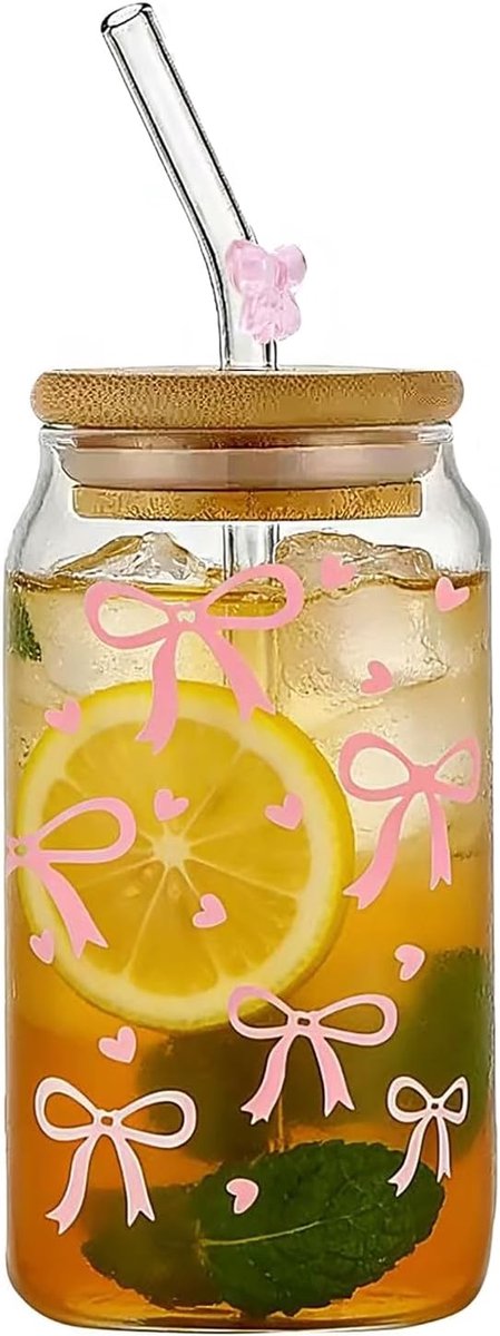 SnelShoppen - Glas met Deksel en Rietje 16 oz - Esthetische Bow Design Tumbler - Ideaal voor Ijskoffie, Smoothies, Matcha Cocktails - Elegante Drinkgl