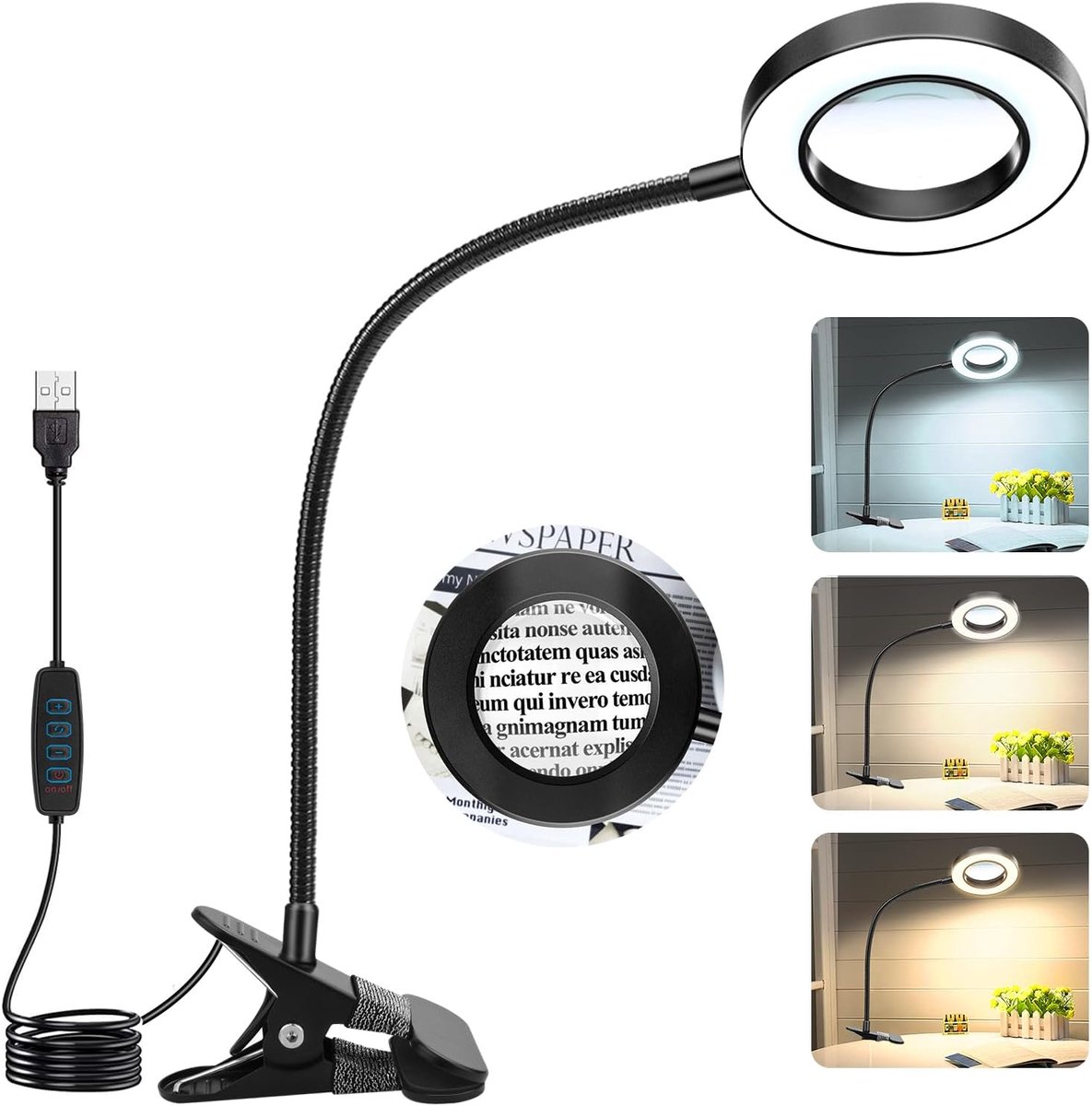 SnelShoppen - USB Versterker Loep met Licht - 10x Vergroting, 3 Kleurmodi, Metalen Clip voor Elektronica, Hobbys, Lezen, Borduren, Kunstwerken