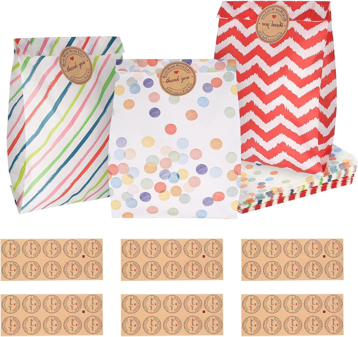 SnelShoppen - 60 stuks geschenkzakjes kinderverjaardag, feestzakjes, papieren zakjes met stickers, robuust en duurzaam, vrolijke kleuren voor bruiloft