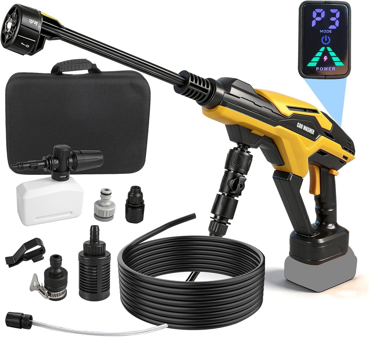 SnelShoppen - Accu Hogedrukreiniger 990 PSI Mobiele Watergun met Brushless Motor, 6-in-1 Spuitmond, 3 Instellingniveaus, LED Scherm voor Auto, Tuin, M