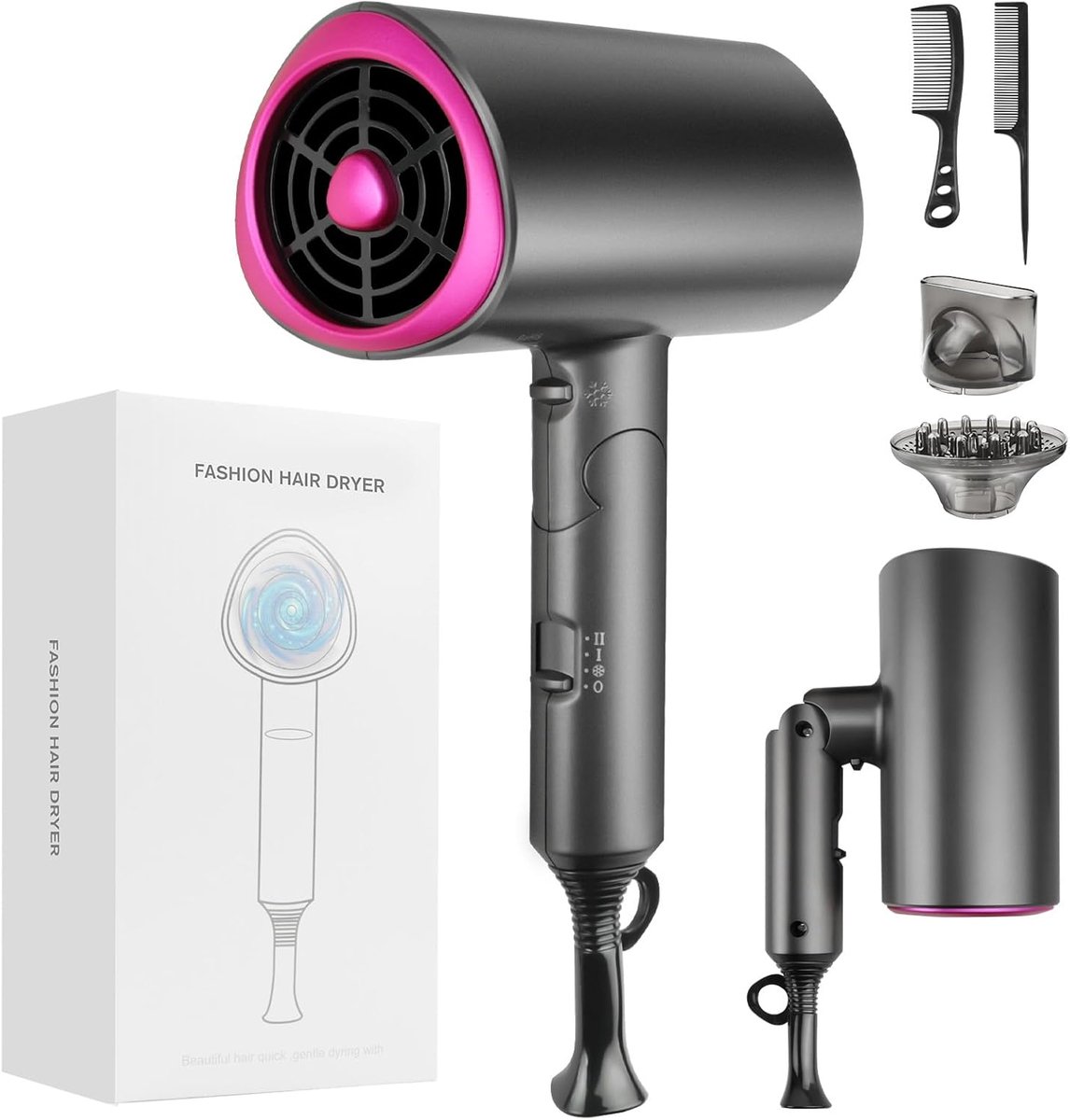 SnelShoppen - Lonen Föhn 1800 W, Opvouwbare Haardroger met Warm/Koud Knop, Diffuser, Styling Nozzle, Sneldrogende Föhn, 3 Warmtestanden en 2 Luchtstro