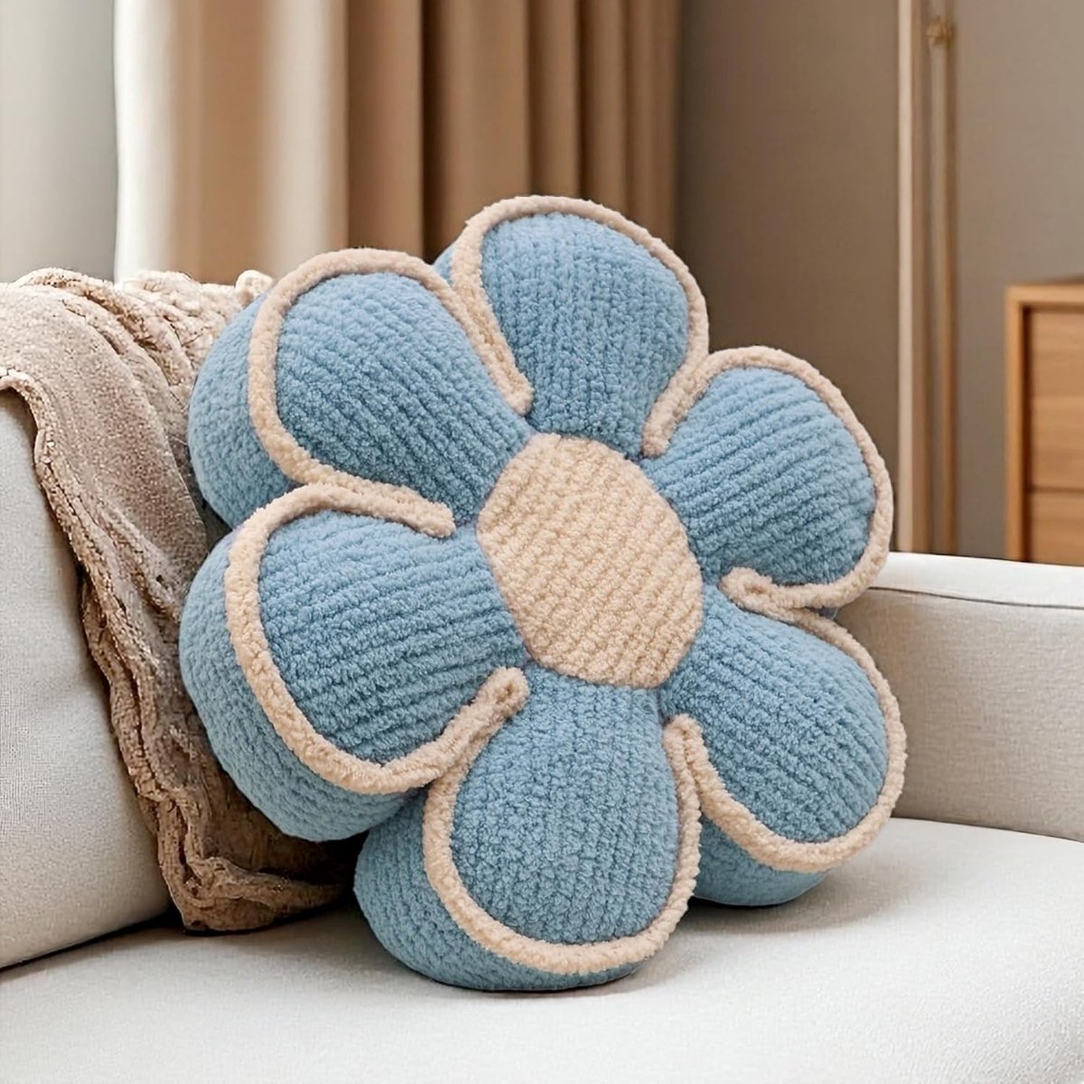 SnelShoppen - Schattig Bloem Kussen 40 cm - Decoratief Blauw Vloerkussen - Daisy Vorm - Zachte Zitkussen voor Bank, Stoel en Bed - Aesthetic Meisjeska