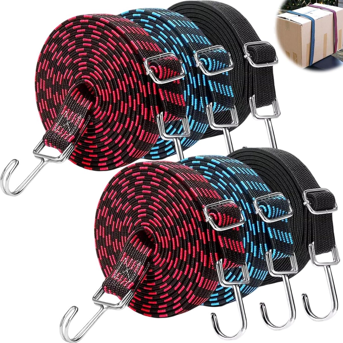 SnelShoppen - 6 Stuks Verstelbare Spanrubber met Haken, 3 cm x 200 cm Rubberen Touw, Extra Sterke Brede Expander Spanbanden voor Fiets, Motorfiets, Ca