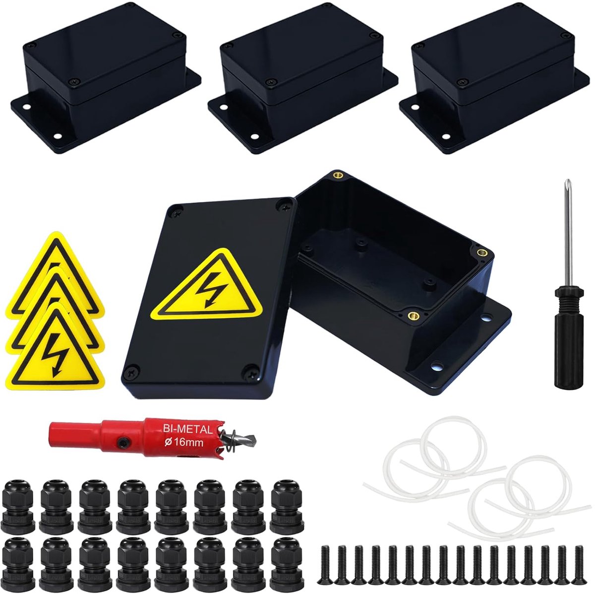 SnelShoppen - 4 Stuks Waterdichte Junction Box IP67 - Zwarte Opbouwdoos met 16 Kabeldoorvoeren, Beveiligingsschermen, 16mm Boren en Schroevendraaier