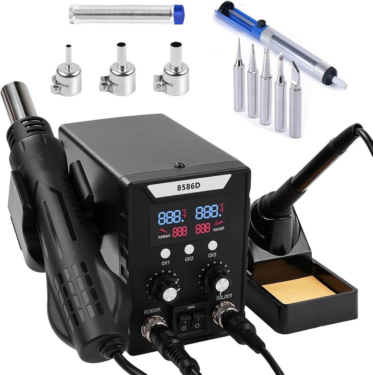 SnelShoppen - 2-in-1 Soldeerstation 8586D met Heteluchtpistool, 760 W, Digitaal Display, Instelbare Temperatuur 100-500 °C, Voor Elektronica en Doe-He
