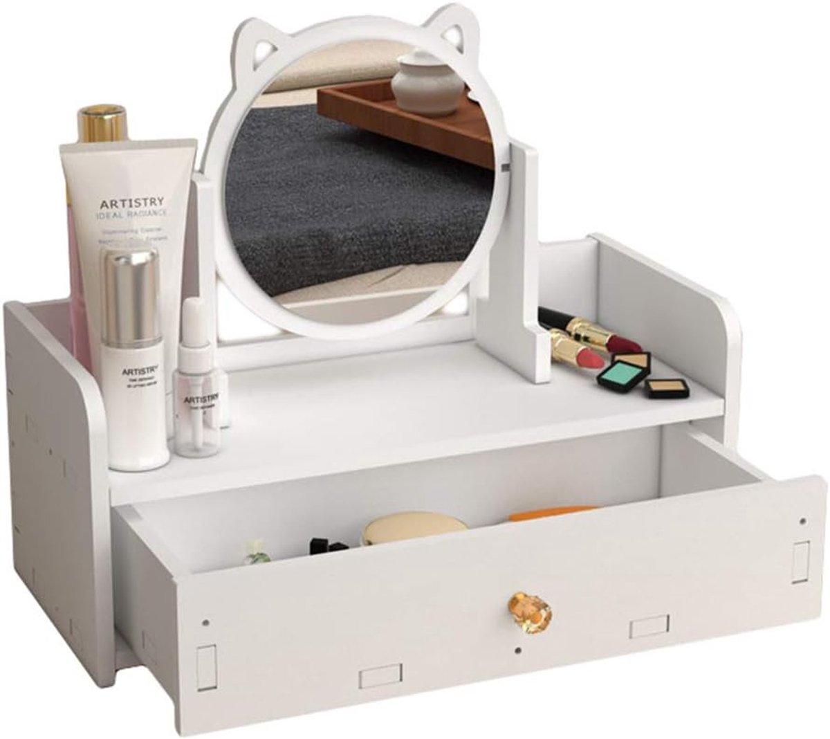 SnelShoppen - Verve Jelly cosmetics organizer met spiegel, grote lade, opbergruimte voor make-up en sieraden, wit, 15x14x32cm, mini toilettafel met PV