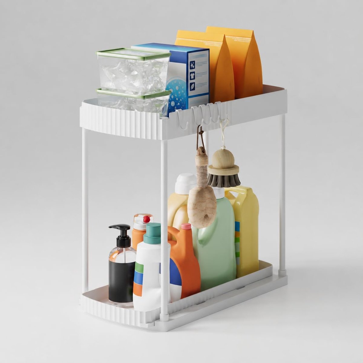 SnelShoppen - Under Sink Organizer 2-Tier Keuken Organizer met Uittrekbare Lade en 5 Haakjes - Wit - Ideaal voor Keuken en Badkamer