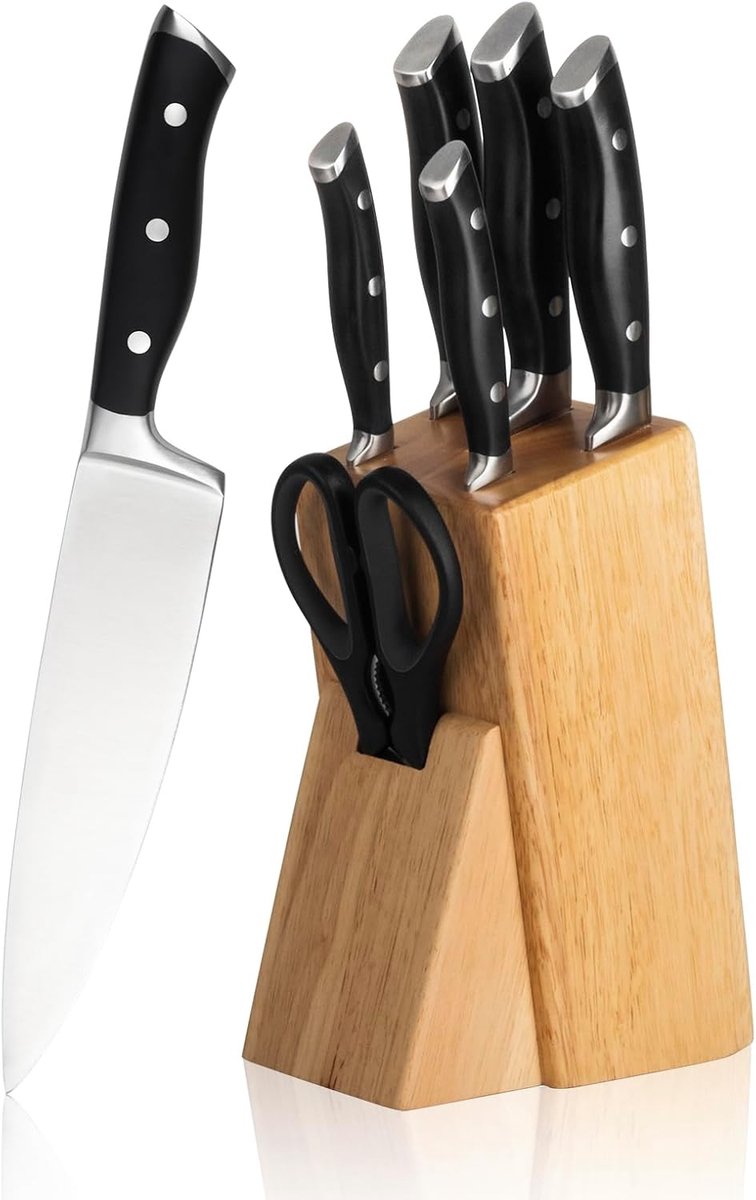 SnelShoppen - Professionele Messenset Keuken - Koksmes, Broodmes, Trancheermes, Universeel Mes, Schilmes, Keukenschaar met Houten Messenset Houder - H