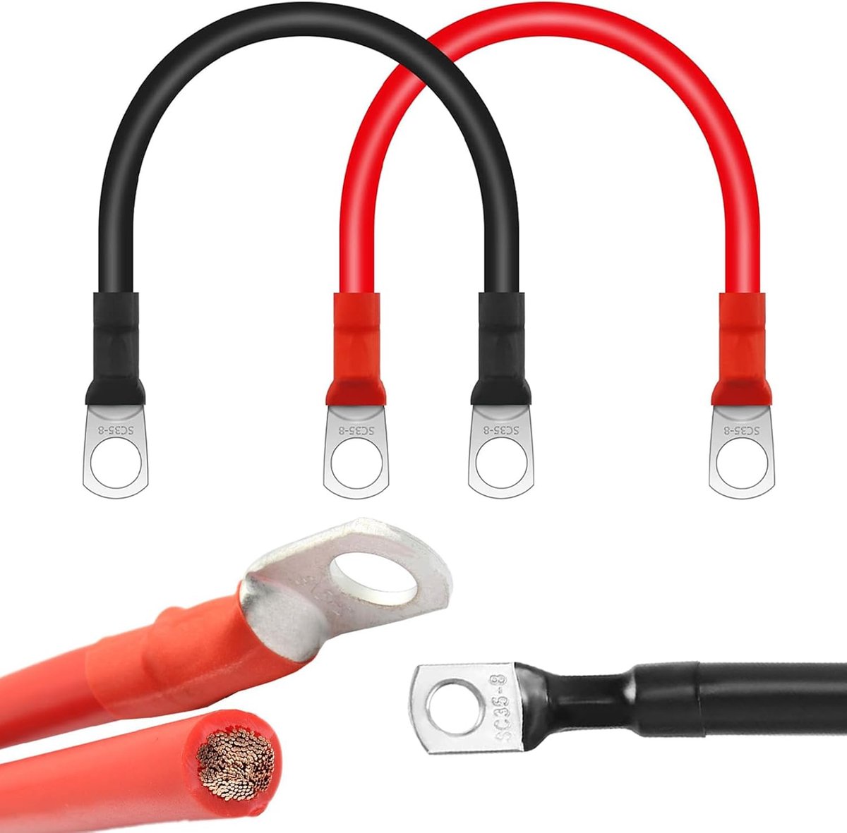 SnelShoppen - 2pcs Accukabel 2 AWG 30 cm Koper Draad, Accu Inverter Kabel met M8 Ring Terminals, 12V Robuuste Accukabel voor Motorfietsen, Zonnepaneel
