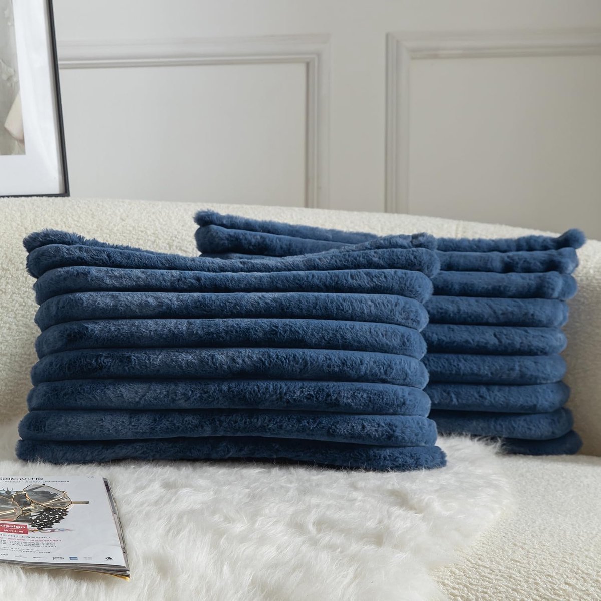 SnelShoppen - Set van 2 gestreepte kussenslopen, superzacht kunstbont, moderne kussenovertrekken voor bank en slaapkamer, 30 x 50 cm, blauw, decoratie