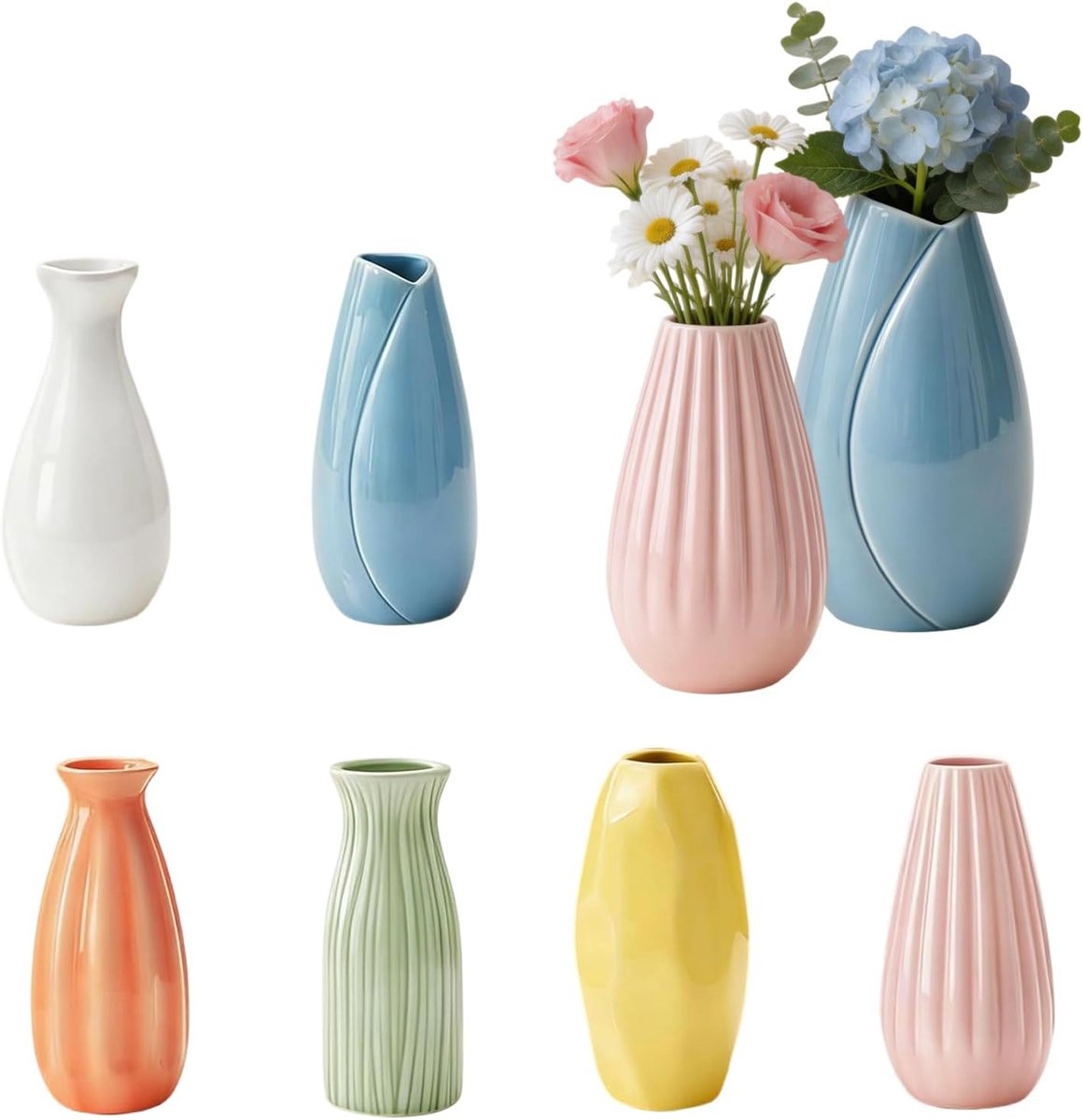 SnelShoppen - Set van 6 Mini Keramische Vazen in Diverse Kleuren en Vormen, Glanzende Afwerking, 12 cm Hoog, Boho Decoratie voor Drogen Bloemen en Taf