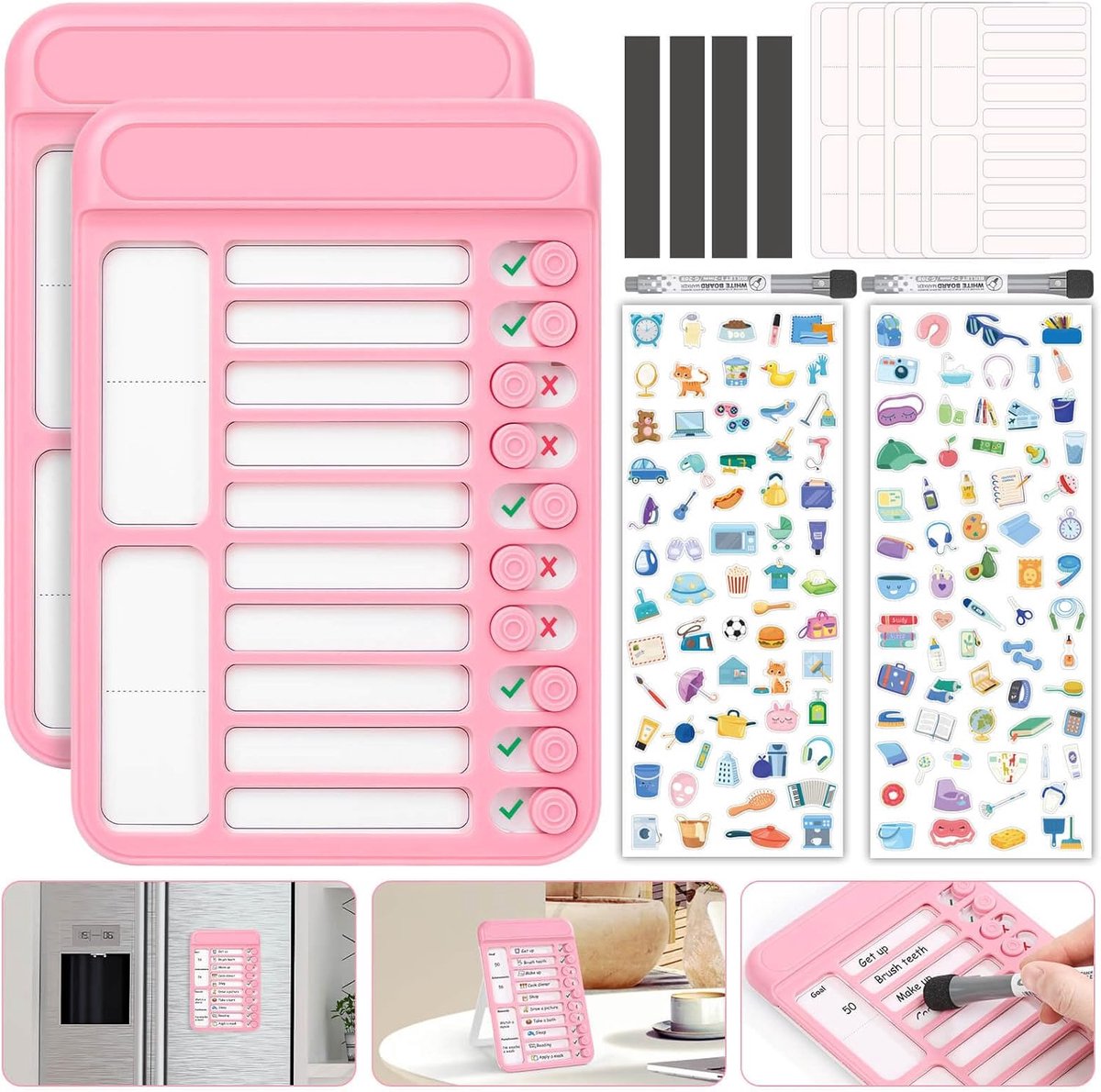 Karweitkaart Kinderen - Checklistbord Agenda - Taken Bijhouden - Droog Uitwisbaar - 2 stuks - Roze