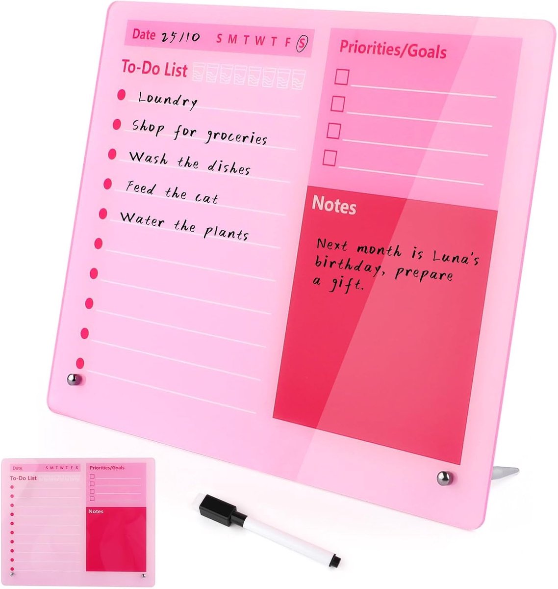 SnelShoppen - Desktop Acryl Drooguitwisbaar Bord 25x30cm Roze To Do Lijst Planner met Stand en Markers - Frameloos Tafeltje voor Thuis, Kantoor & Scho