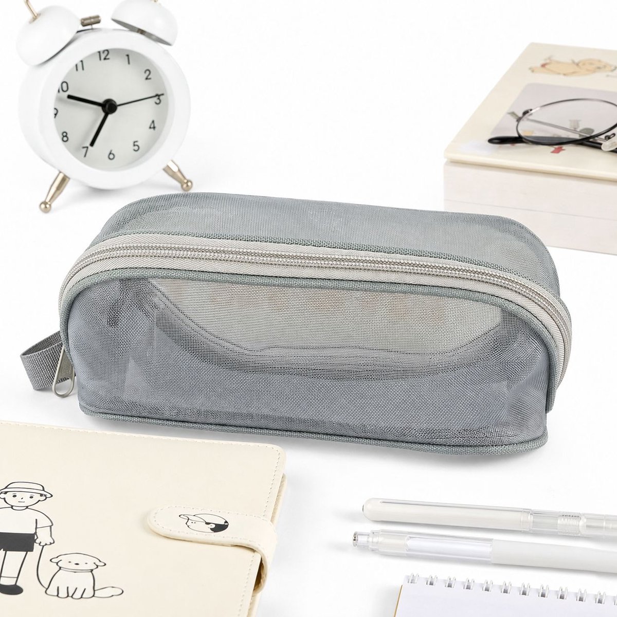 Grote Etui met Raster-structuur - Ruime Pennenzak voor School en Kantoor - Multifunctionele Organizer Tas