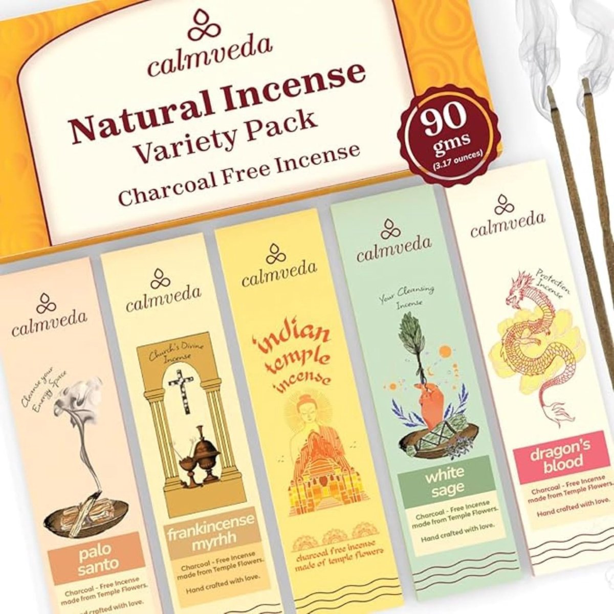 SnelShoppen - Incense Sticks Set 12 X 5 - 60 Stuks, 5 Geuren voor Elke Gelegenheid: Wierook, Witte Salie, Palo Santo, Dragon Blood, Tempel Rookset