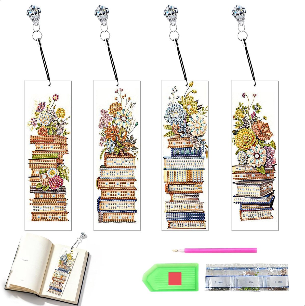 SnelShoppen - Set van 4 Diamant Schilderen Boekenleggers, Unieke en Persoonlijke Accessoires voor Boeken, Creatief Cadeau, Glanzend en Luxe