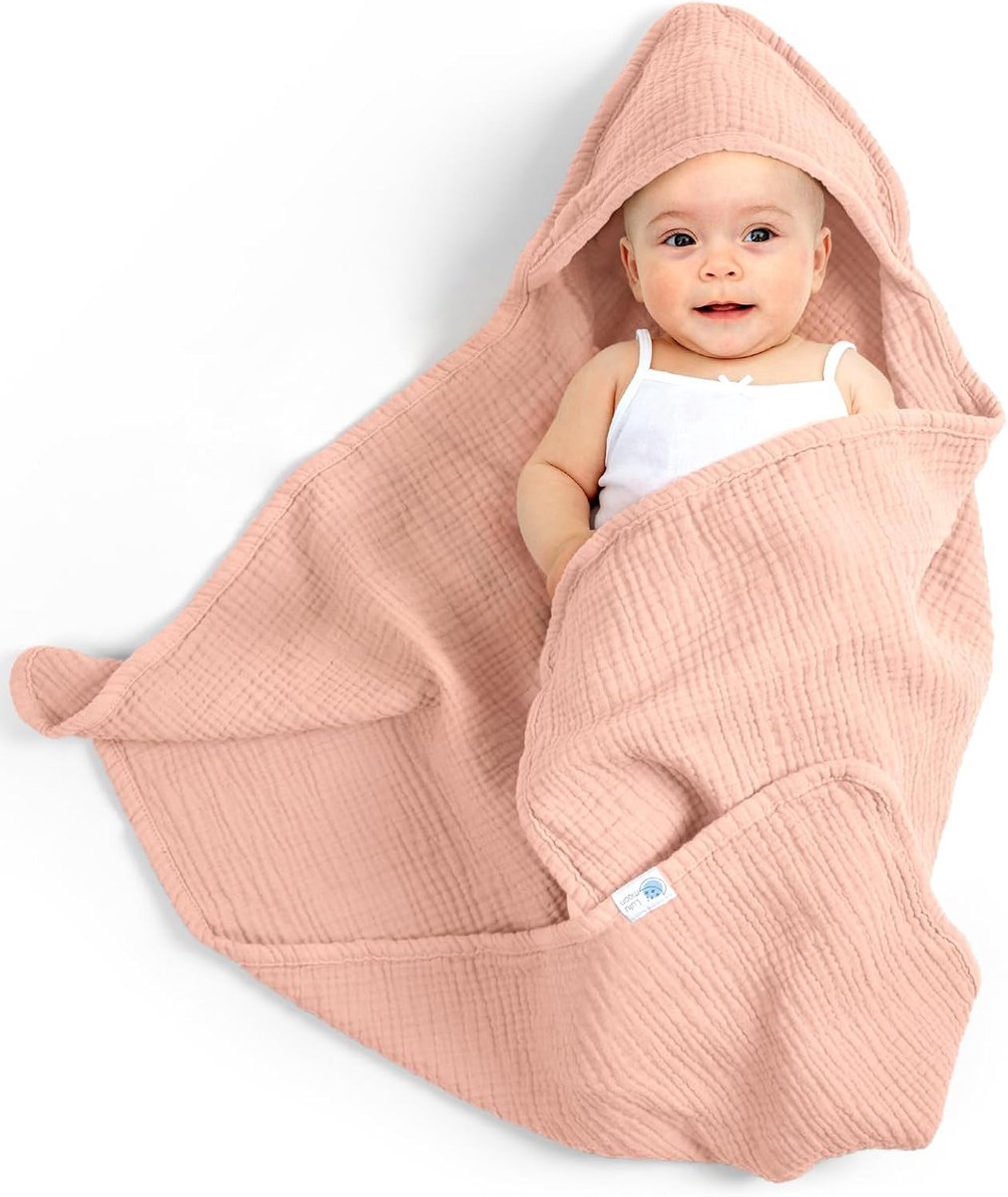 SnelShoppen - Baby Badcape met Capuchon - 100% Muslin Katoen, Extra Zacht en Absorberend - Geschikt voor 0-18 Maanden - Ideaal voor Badderen en Bedtij