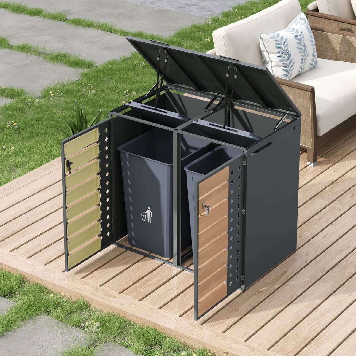 FloraGrace Containerberging - Hydraulisch Klapdeksel - 132 x 80 x 118,5 cm - Verzinkt Staal - Grijs met Houtlook - Voor 2 Containers