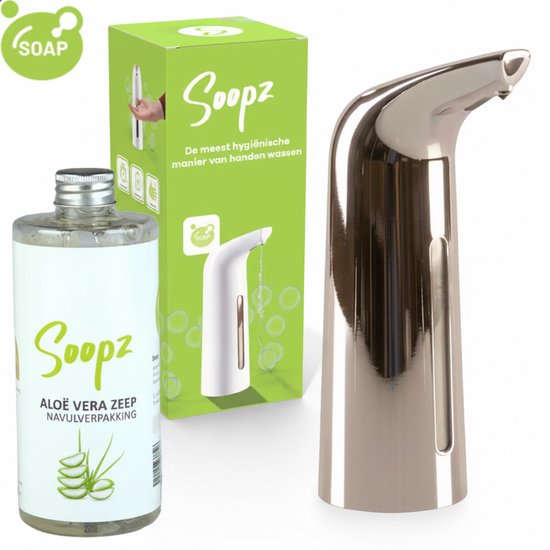 Soopz automatische zeepdispenser in rosé goudkleur en navulfles met aloë vera zeep.