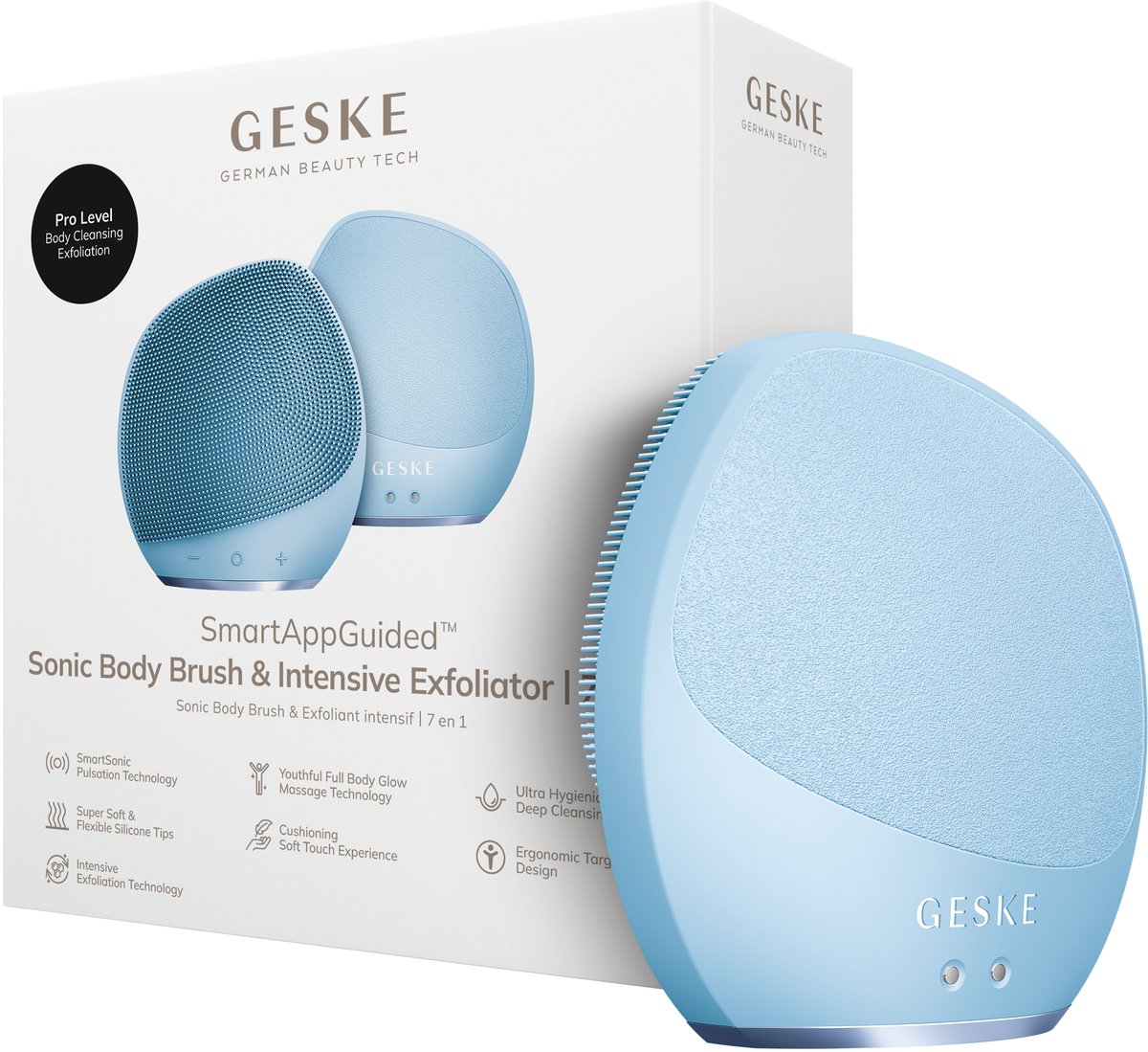 GESKE Sonic Body Brush & Intensive Exfoliator | 7 in 1 | Elektrische borstel voor het hele lichaam | Met SmartSonic-pulsaties | Diepe reiniging, exfoliatie en massage | Ruwe huidverwijderaar