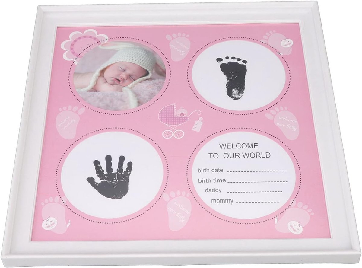 Baby Handafdruk Kit - Herinneringsfotolijst - Baby Aandenken Maken - Complete Inktset - 30 cm Frame - Rozet