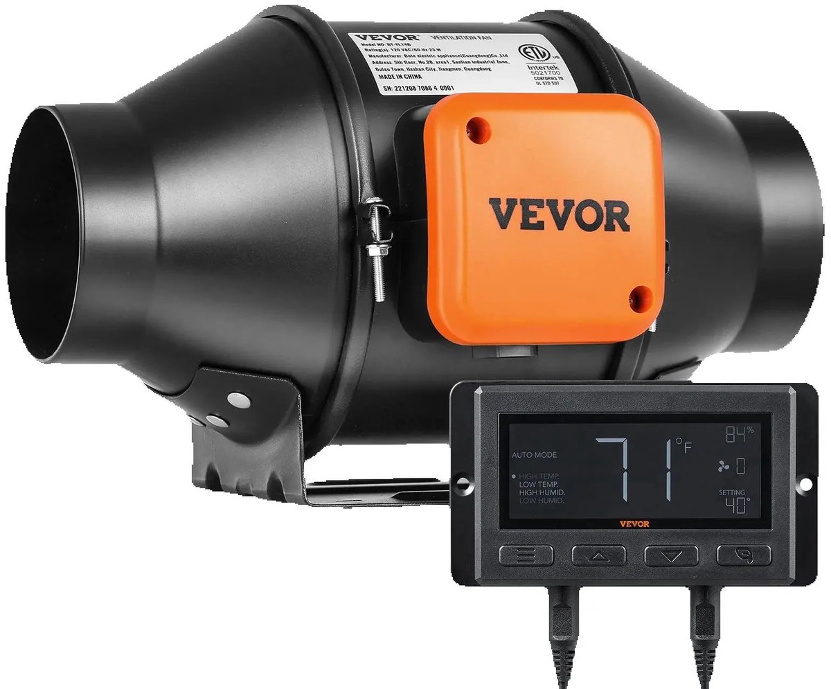 Novyro Living - buisventilator - afzuigventilator - met temperatuur vochtigheidsregelaar - 8 inch - zwart - oranje - water proof