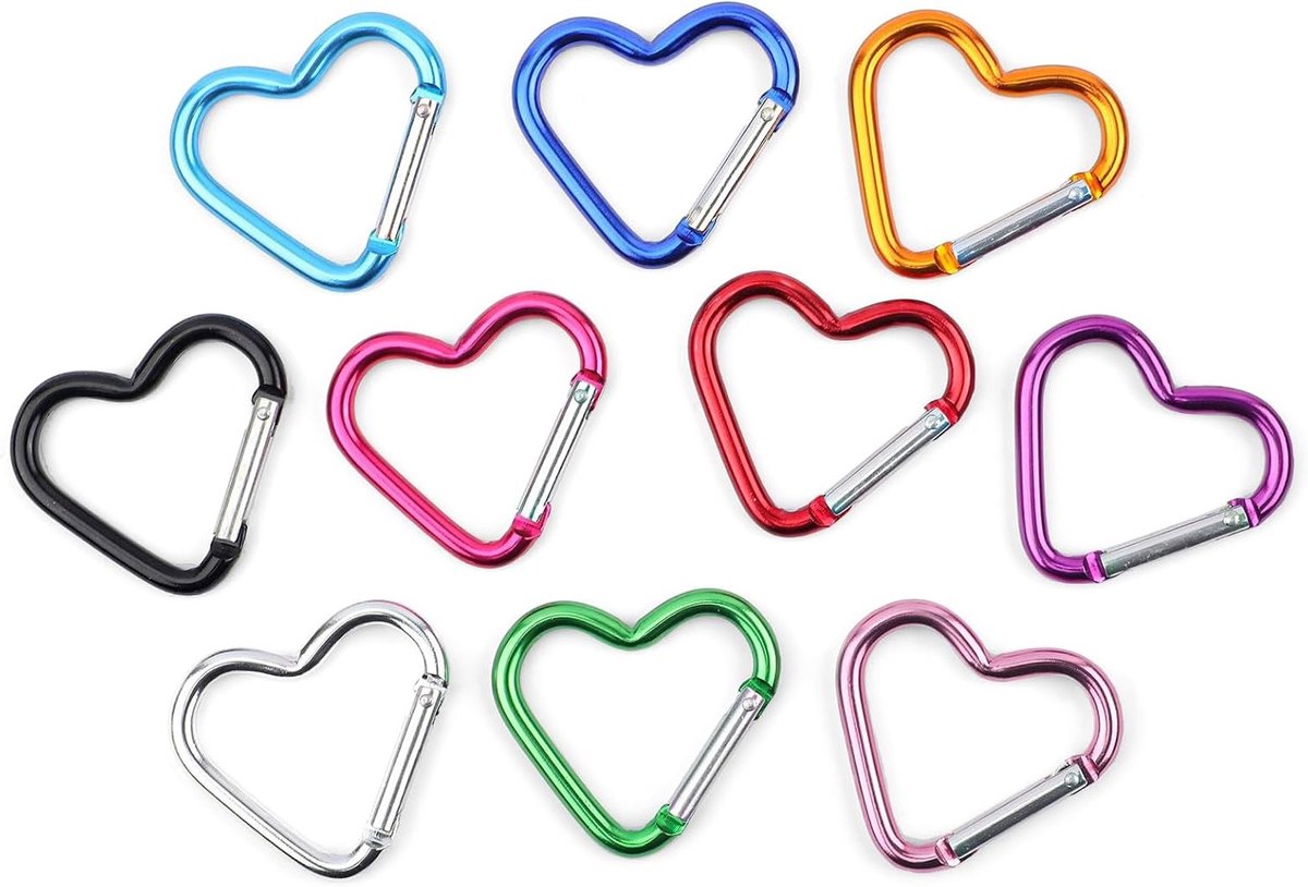 10 Stuks Hartvormige Carabiner Clips van Aluminium, Schattige Sleutelhanger voor Camping, Rugzak en Flessen