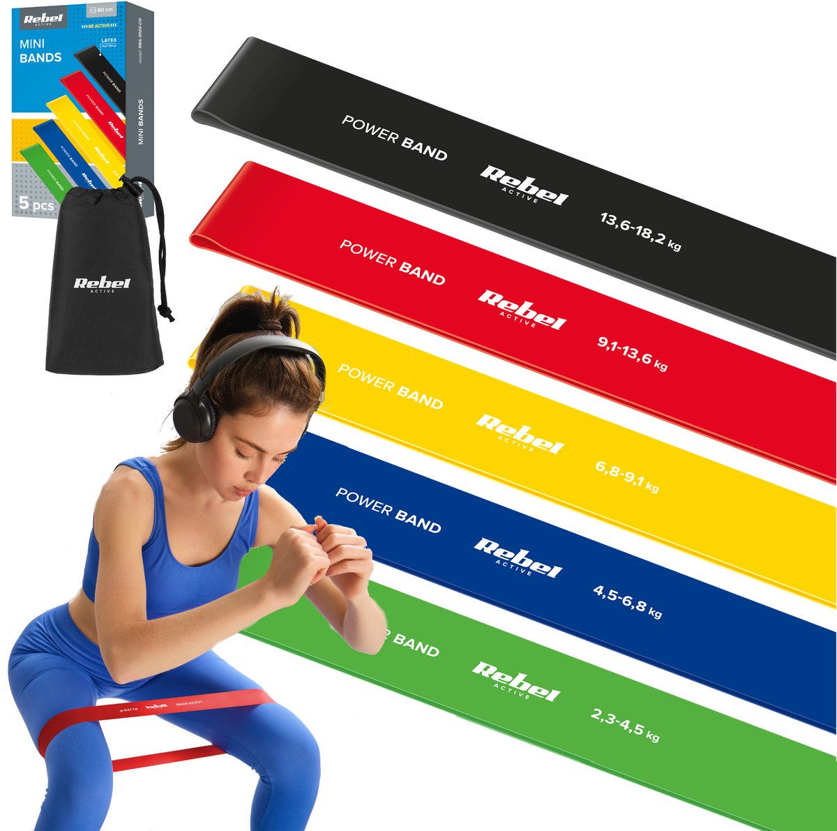 Rebel Active Serie - Set van 5 Weerstandsband - Krachttraining - Revalidatie - Latex